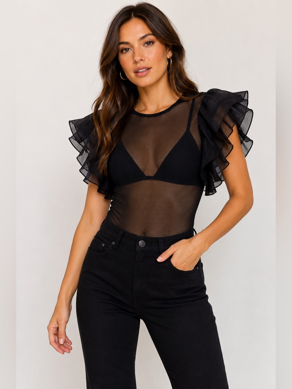 Blöshe Sheer Mesh Ruffle Sleeve Bodysuit Black Size Large